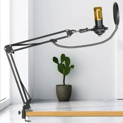 Black adjustable desk microphone stand with gold bm800 microphone and metal shock mount in podcast equipment bundle