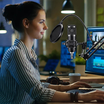 Black bm800 microphone with metal shock mount, pop filter, and adjustable arm in podcast equipment bundle for pc and phone
