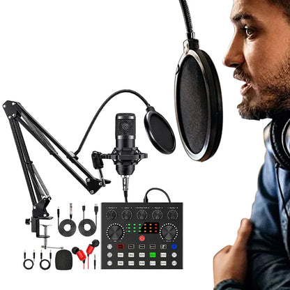 Black bm800 microphone with metal shock mount and pop filter mounted on audio interface in podcast equipment bundle