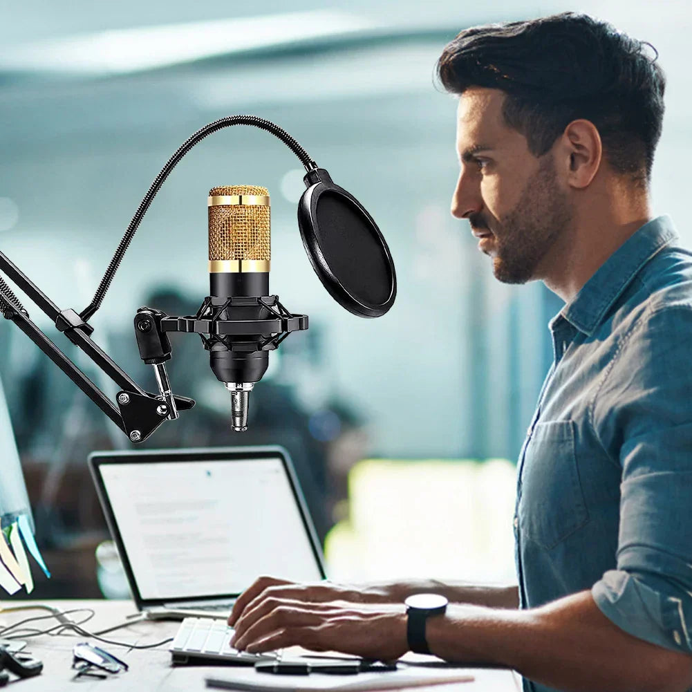 Gold-colored bm800 microphone with black pop filter and metal shock mount in podcast equipment bundle for pc dj phone use