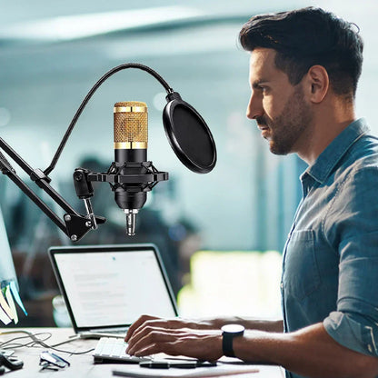 Gold-colored bm800 microphone with black pop filter and metal shock mount in podcast equipment bundle for pc dj phone use