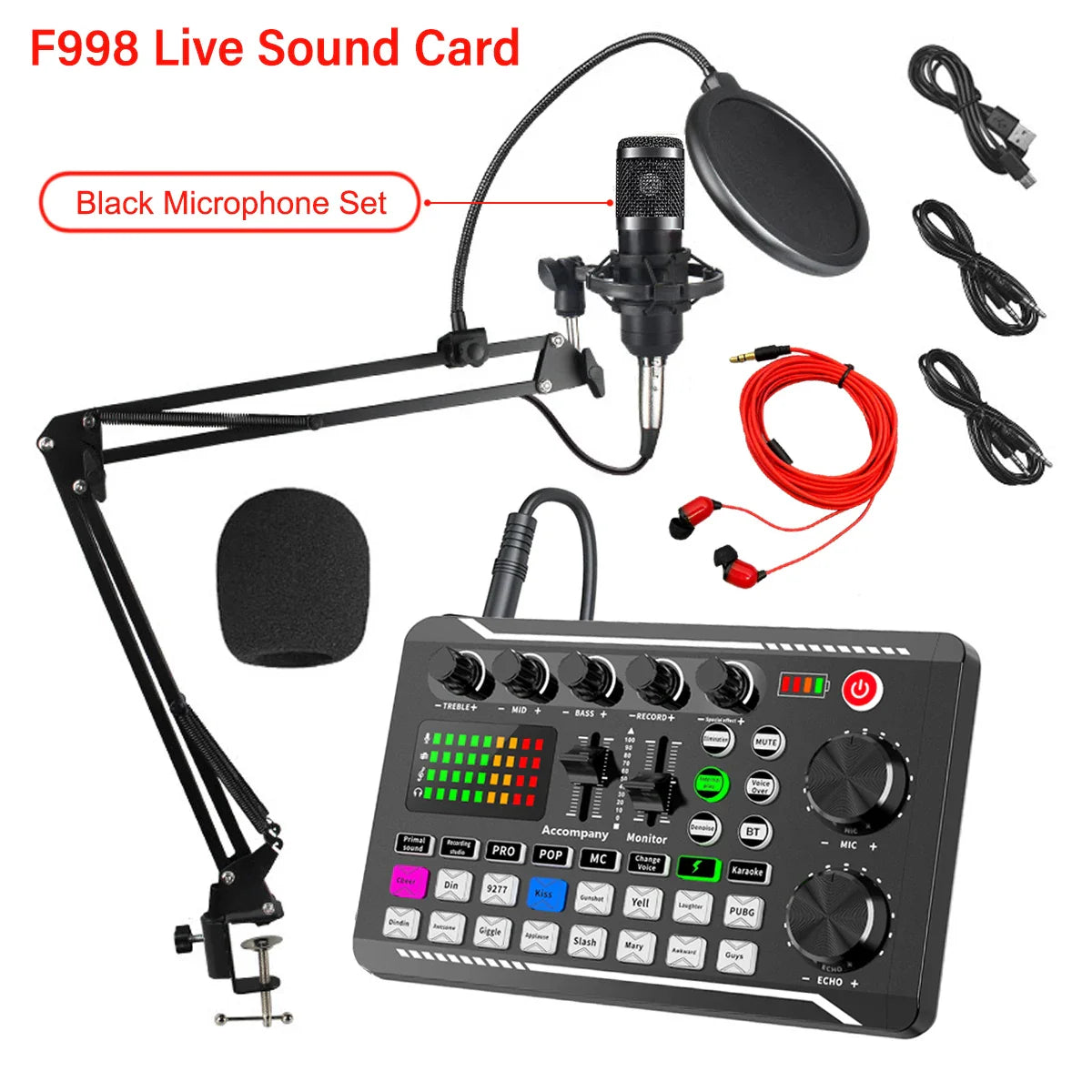 Black f998 live sound card with multiple knobs buttons and colorful led display for podcast live streaming and microphone set mixer