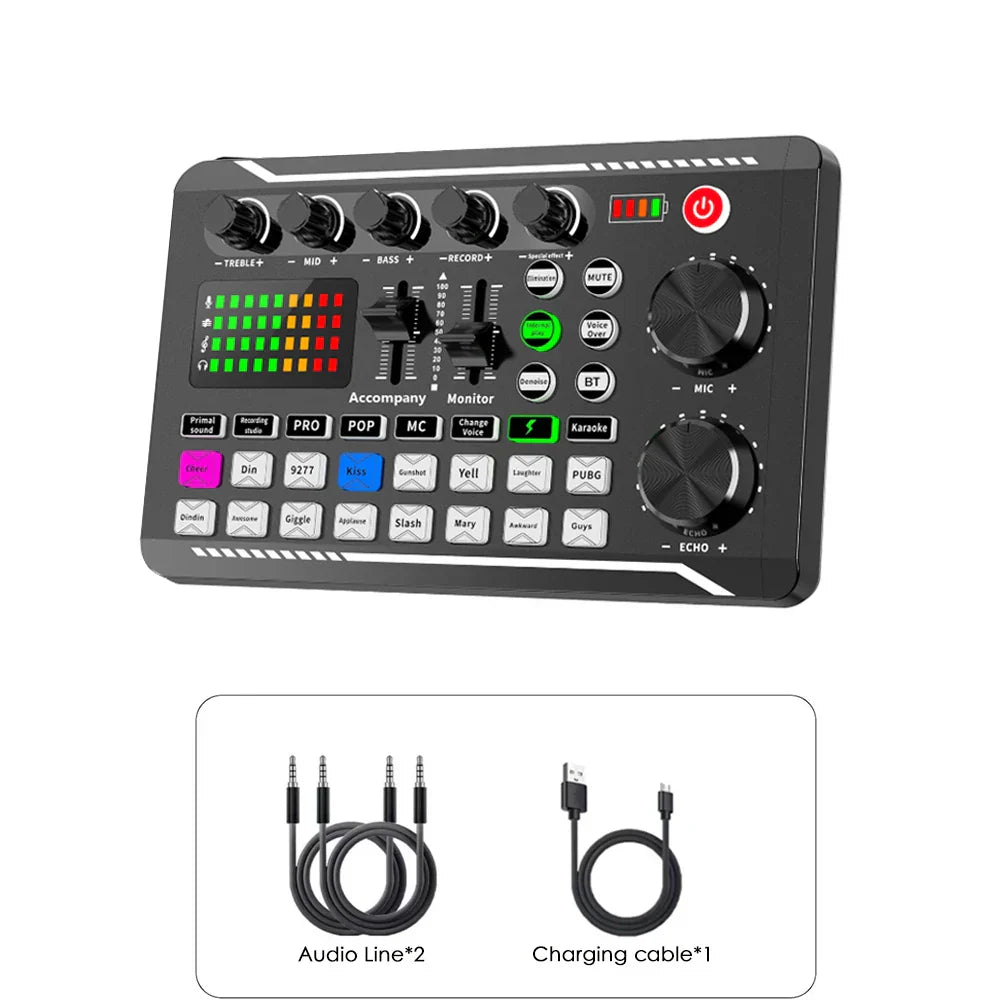 Black rectangular audio mixing console with colorful led display and knobs for podcast live streaming microphone set mixer