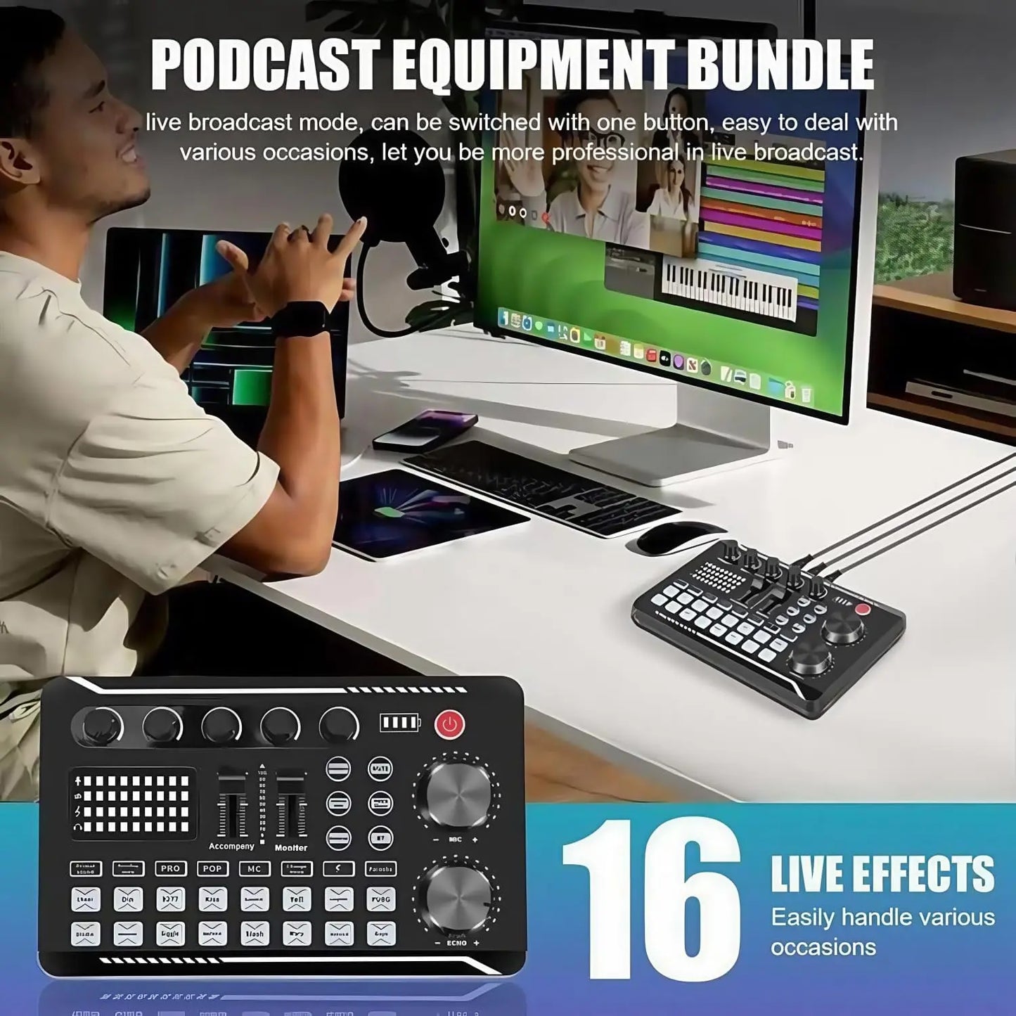 Black podcast live streaming bundle with f998 wireless bluetooth live sound card and microphone set mixer for studio use