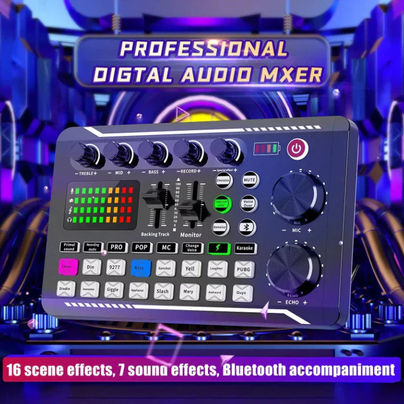 Black professional digital audio mixer with colorful led indicators and multiple knobs for podcast live streaming bundle use