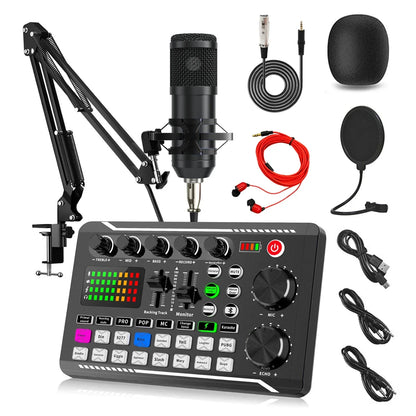 Black professional podcast live streaming usb audio interface with adjustable arm microphone set mixer and live sound card