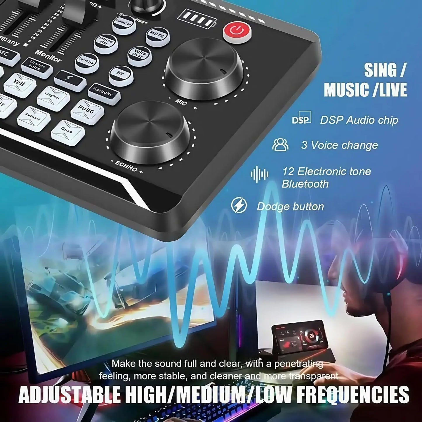 Black rectangular dsp chip audio interface with silver knobs bluetooth for podcast live streaming microphone set mixer