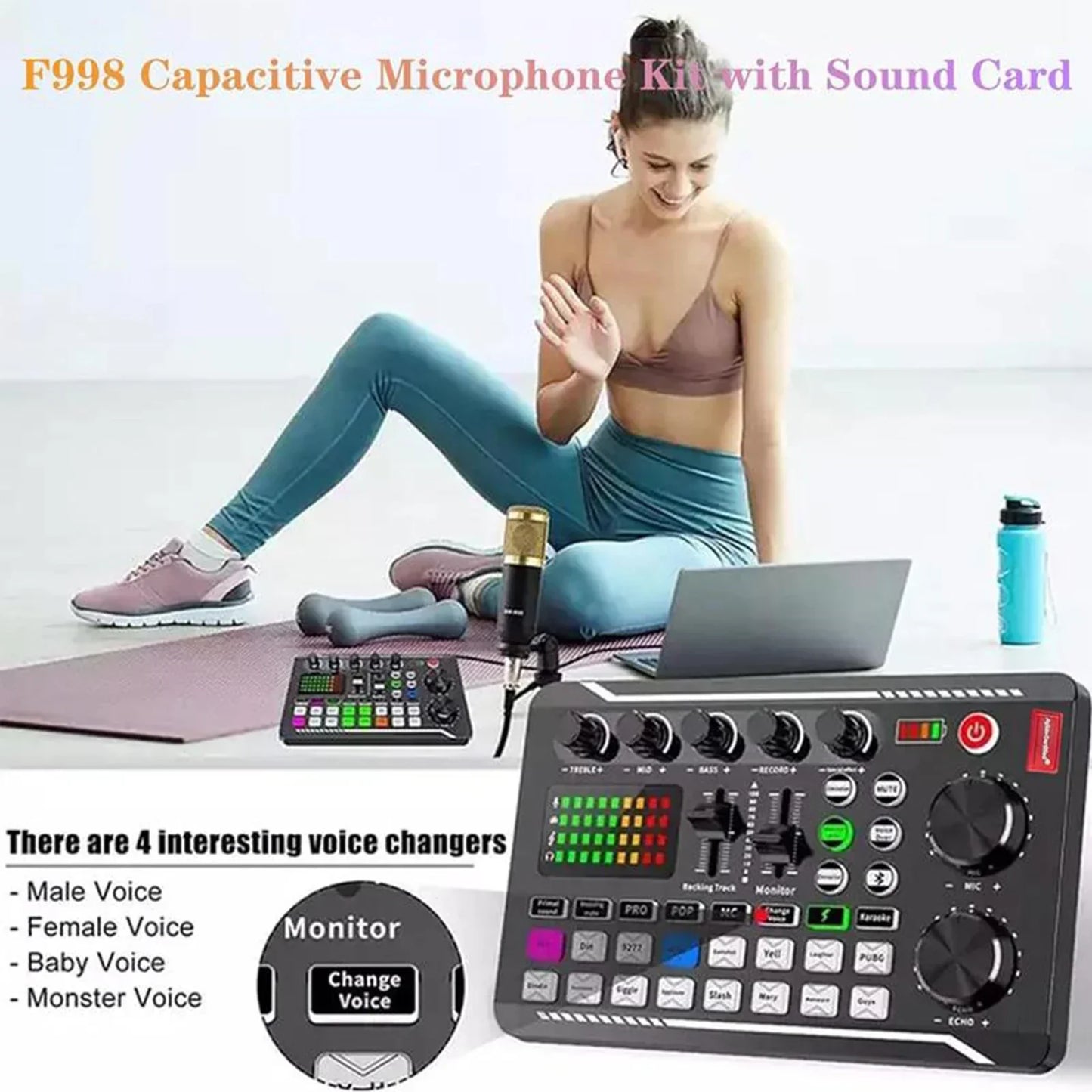 Black f998 capacitive podcast microphone suit with sound card mixer voice changer and colorful led indicators for studio condenser microphones