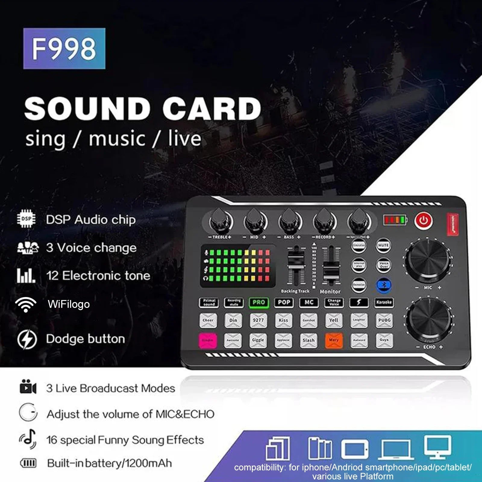Black f998 sound card with colorful led indicators and control knobs for podcast microphone suit mixer voice changer use