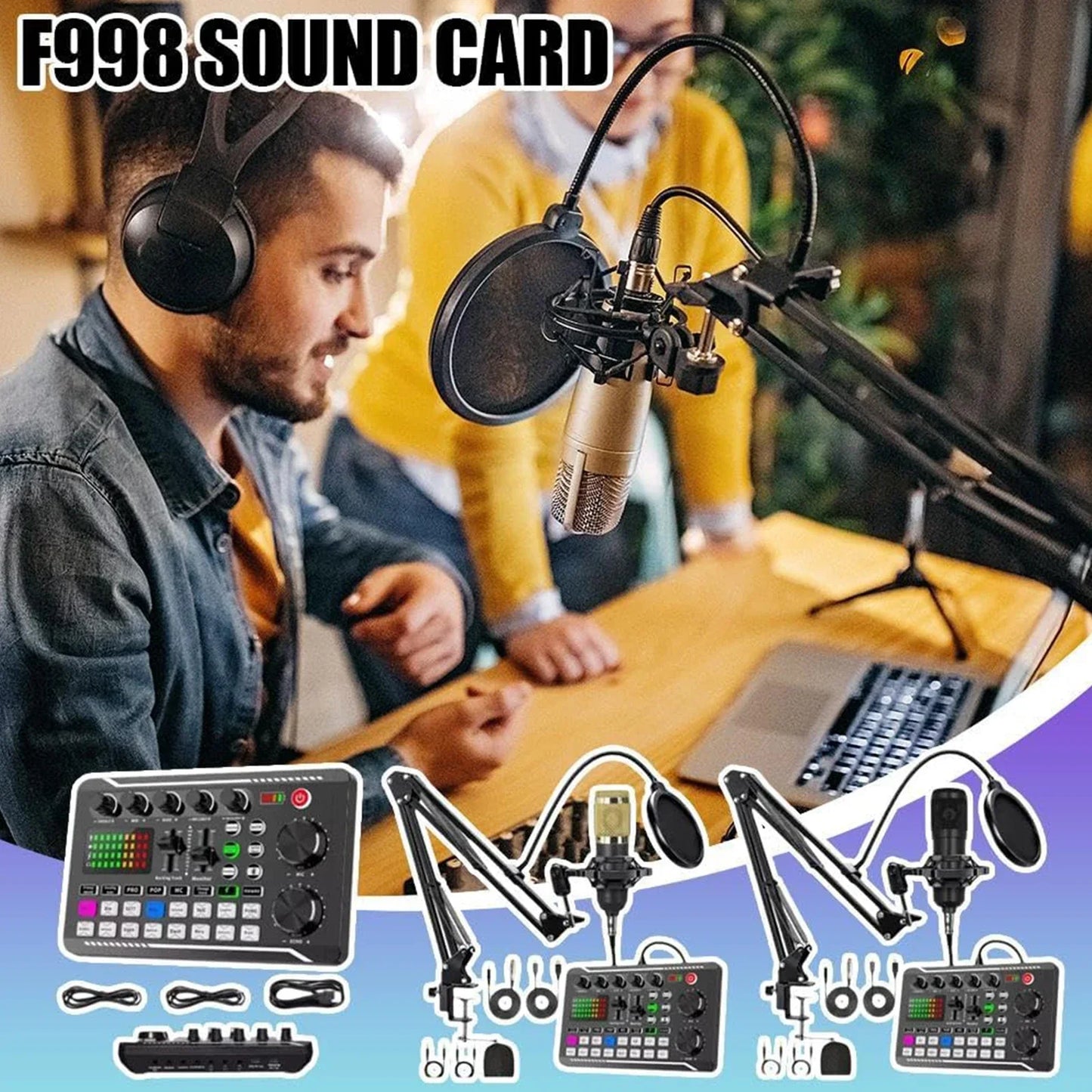 Black f998 sound card with colorful led indicators and control knobs for podcast microphone suit mixer voice changer setup