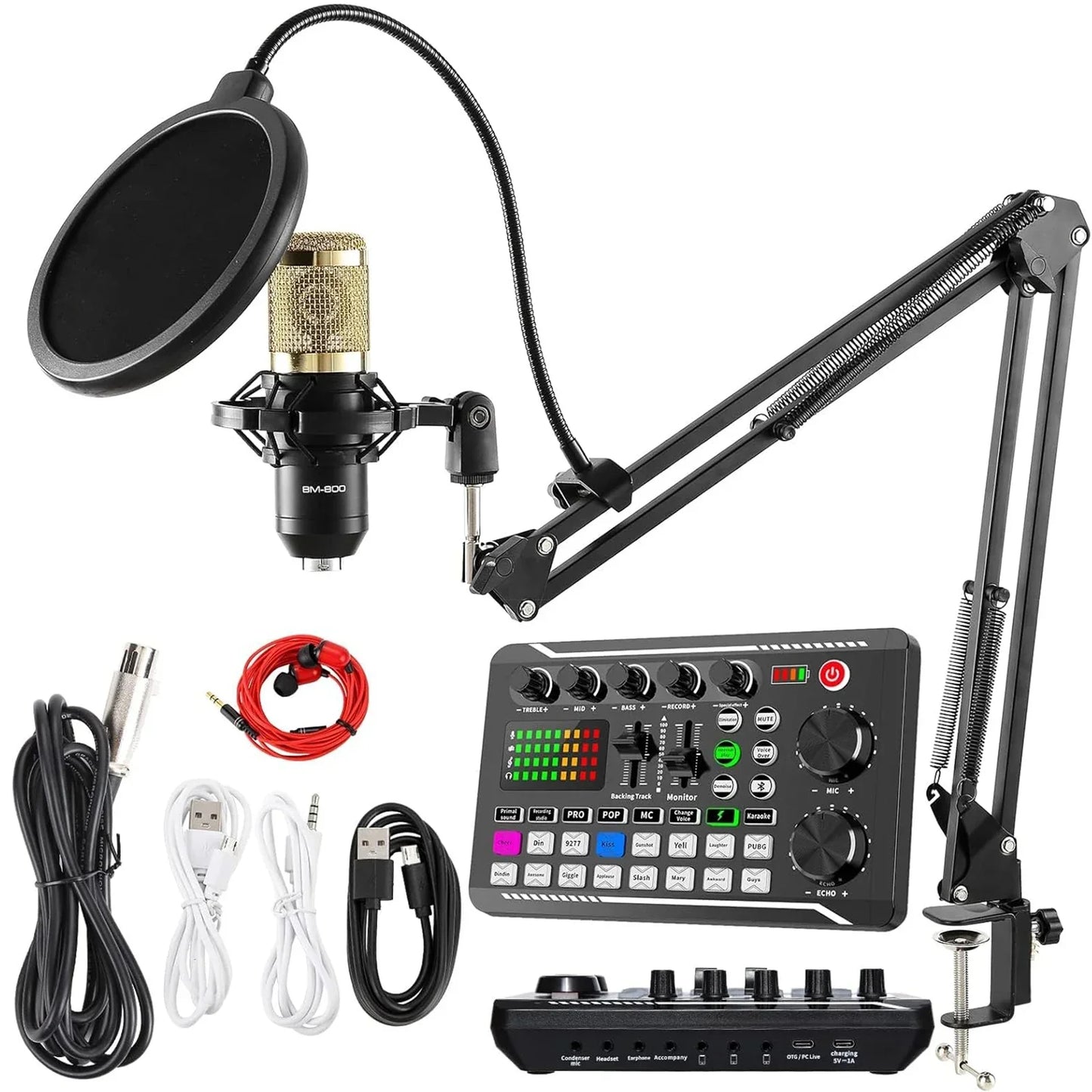 Black and gold bm-800 podcast microphone suit with studio condenser microphones and mixer voice changer on adjustable arm