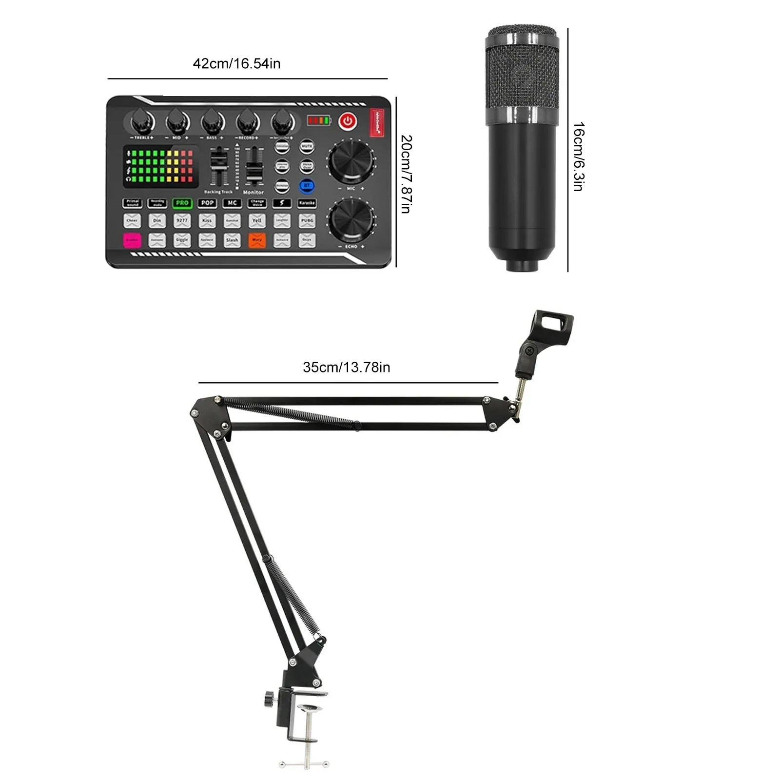 Black studio condenser microphone with silver mesh grille on adjustable black arm stand in podcast microphone suit with mixer voice changer