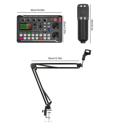 Black studio condenser microphone with silver mesh grille on adjustable black arm stand in podcast microphone suit with mixer voice changer