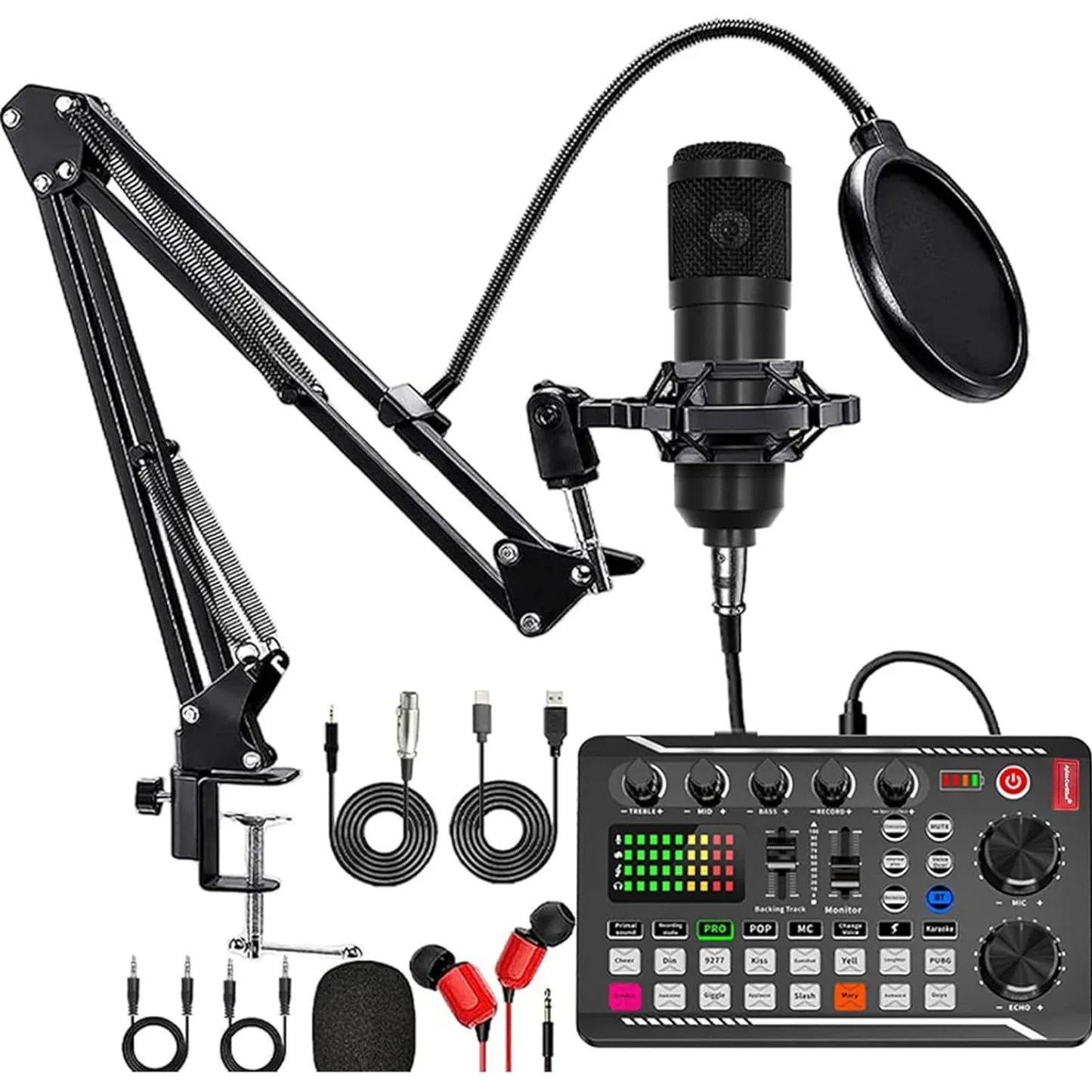 Black studio condenser microphone with pop filter and adjustable arm mounted on audio mixer voice changer unit