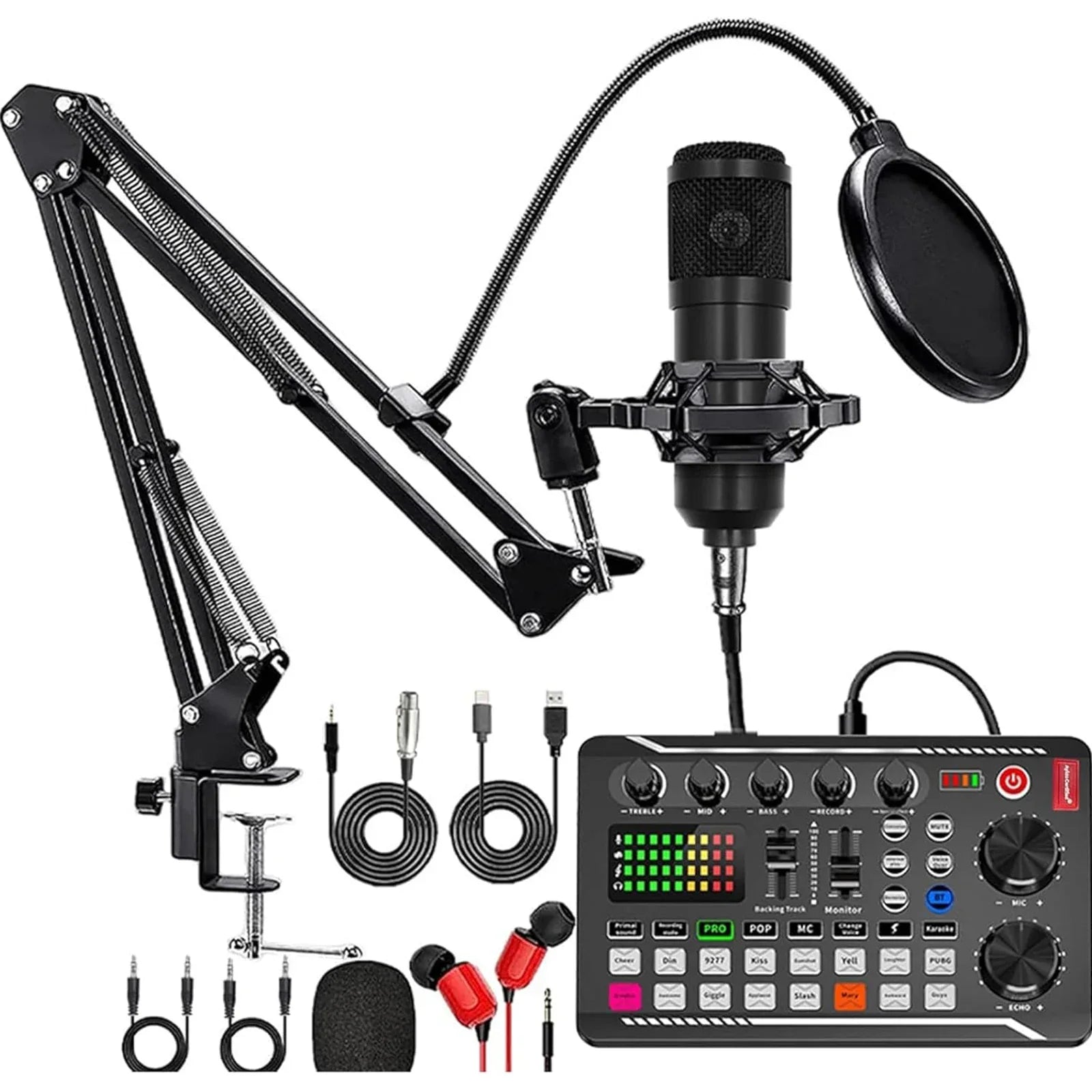 Black studio condenser microphone with pop filter and adjustable arm mounted on audio mixer voice changer unit