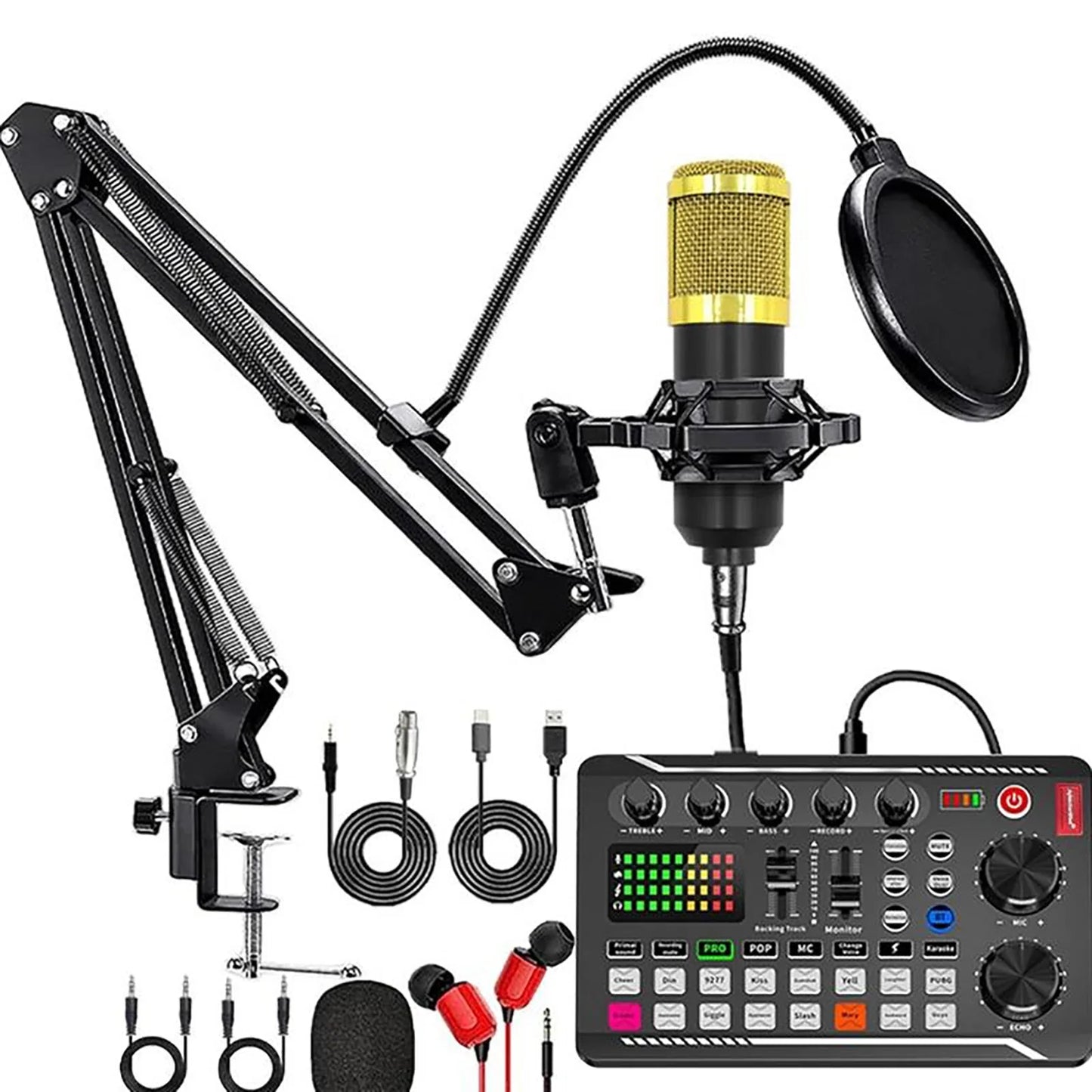 Gold and black studio condenser microphone with pop filter on adjustable arm mounted on desktop mixer voice changer