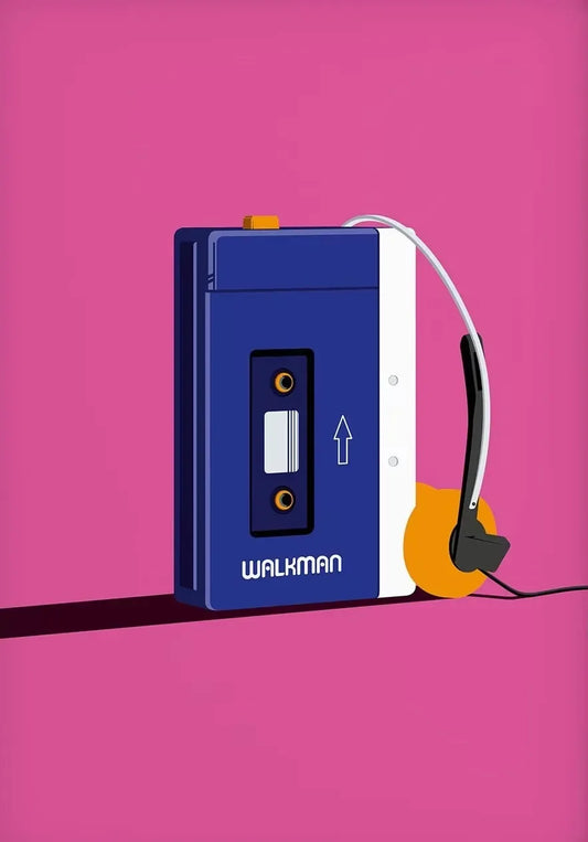 Blue and white sony walkman cassette player with orange headphones featured in pop art retro cassette tape poster music canvas painting