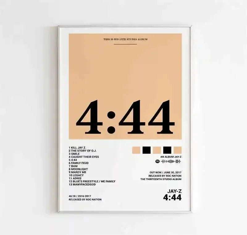 Minimalist framed canvas poster featuring bold black typography of jay-z 444 album on beige background for room decor