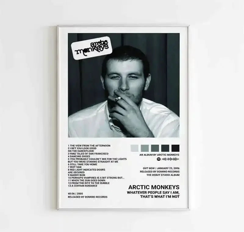 Framed black and white canvas poster of arctic monkeys debut album with minimalist portrait and tracklist for room decor