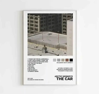 White-framed canvas wall art featuring black-and-white aerial photo of urban rooftop for hip hop rap music decor