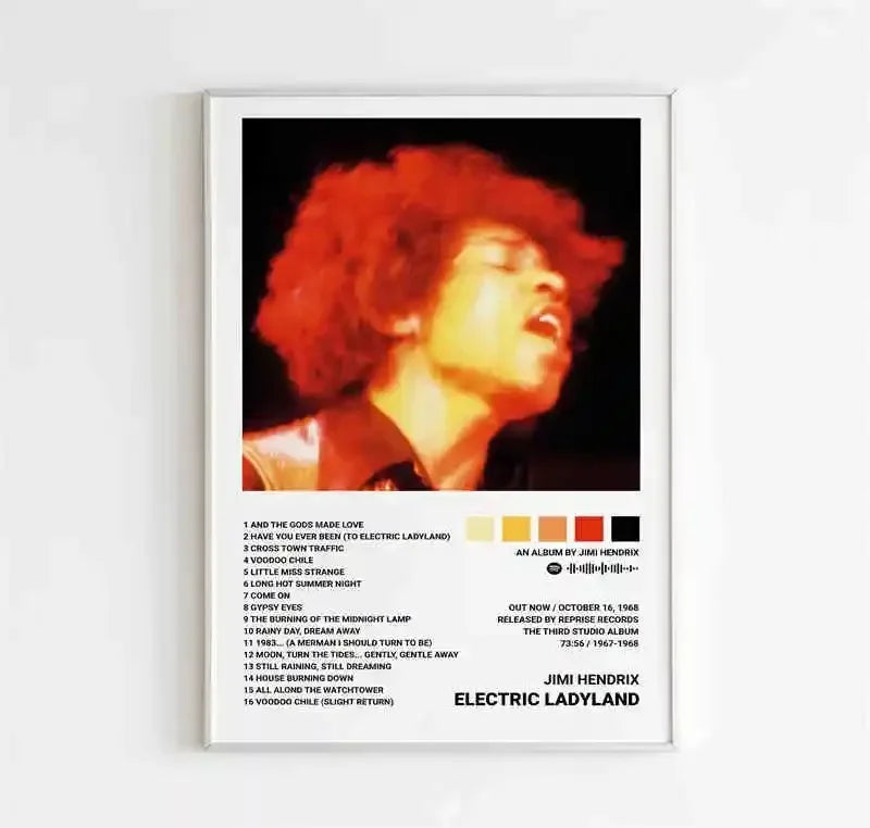 White-framed canvas music album poster featuring a vibrant reddish-orange jimi hendrix electric ladyland portrait and tracklist