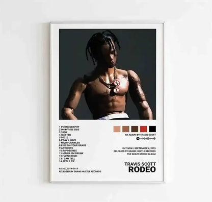 A framed canvas wall art poster featuring travis scott with dreadlocks and tattoos from rodeo by grand hustle records