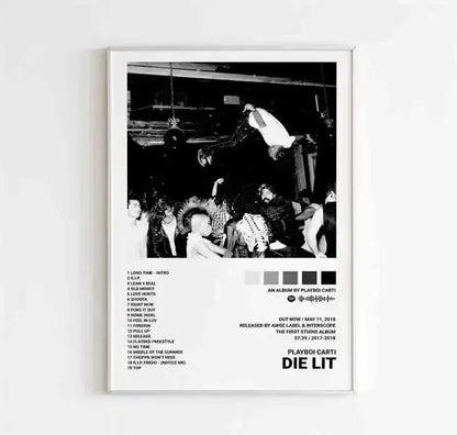 Black-and-white framed canvas poster featuring a gritty street scene and playboi carti die lit album title for room decor