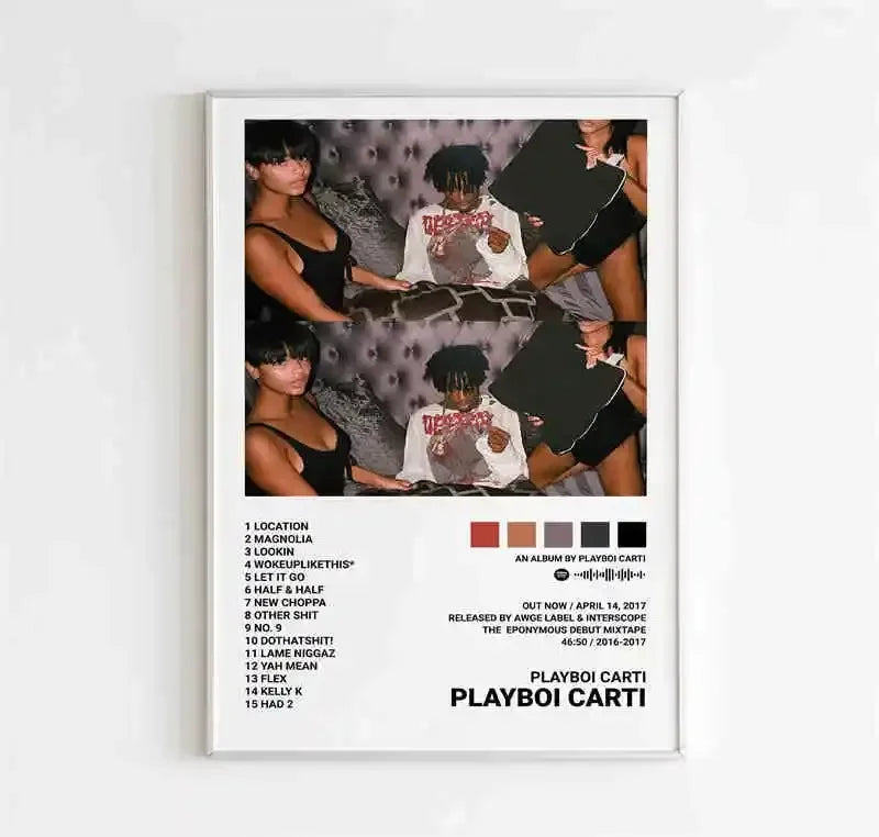 White-framed canvas poster featuring playboi carti mirrored album cover with artist and black-clad women on gray background
