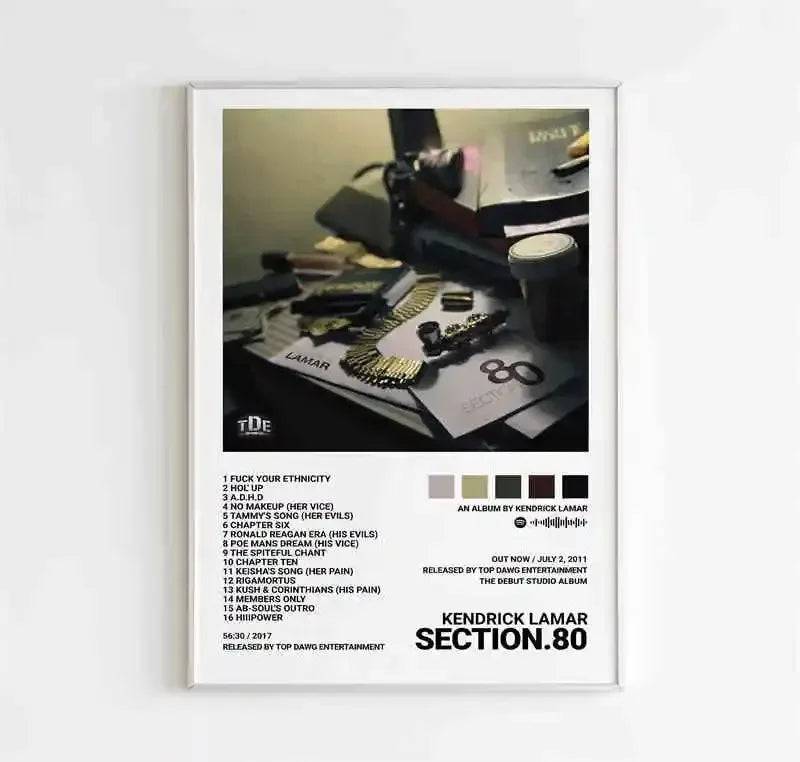 White-framed playboi carti canvas album poster aesthetic featuring black and white kendrick lamar section80 desk photo