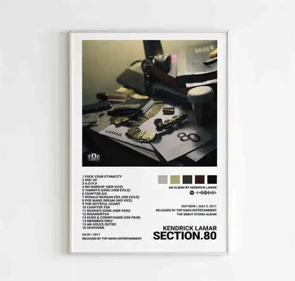 White-framed poster featuring black-and-white desk photo and kendrick lamar section80 track list for music room decor