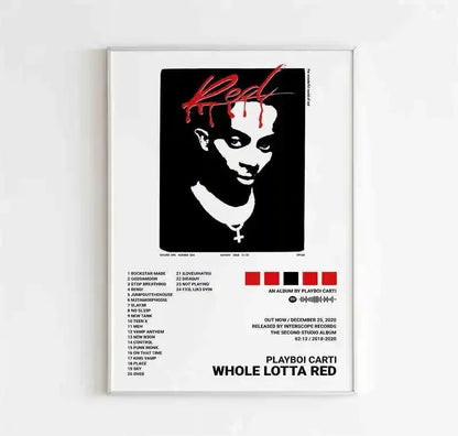 Black and white framed canvas poster of playboi cartis whole lotta red album art with red dripping text wall decor