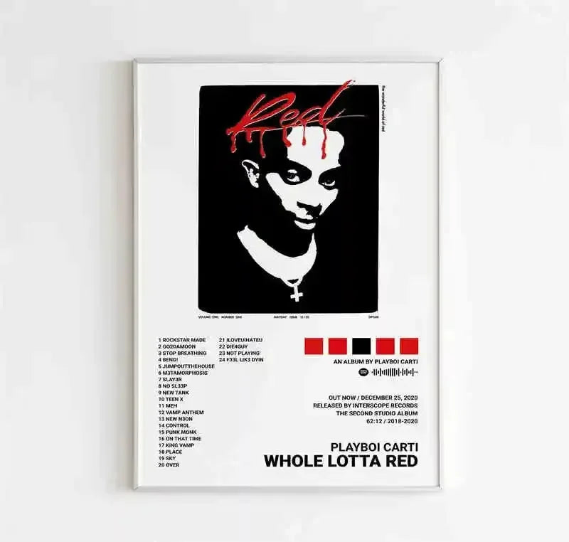 Black and white framed playboi carti canvas album poster aesthetic featuring whole lotta red with red dripping text