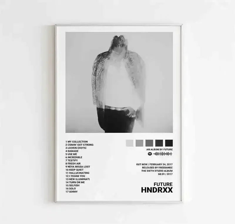 Minimalist framed canvas poster featuring black and white future album cover with hndrrx title and tracklist for room decor