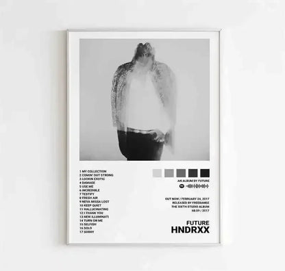 Minimalist framed canvas poster featuring black and white future album cover with hndrrx title and tracklist for room decor