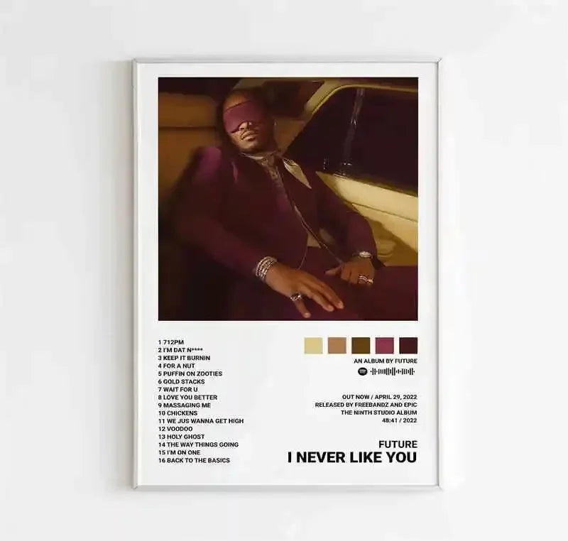 A framed canvas poster featuring a man in a maroon suit reclining in a car with album tracklist for room decor