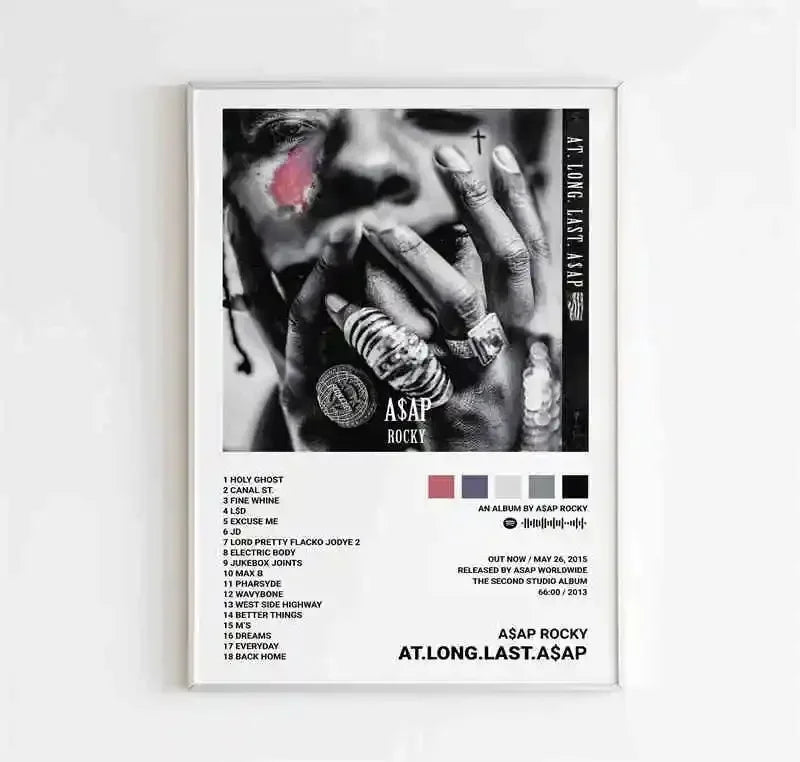 White-framed canvas wall art featuring a black-and-white asap rocky at album cover for pop hip hop rap room decor
