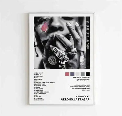 White-framed canvas wall art featuring a black-and-white asap rocky at album cover for pop hip hop rap room decor