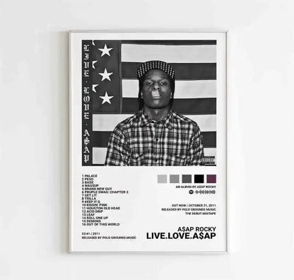 Black and white framed pop hip hop rapper music album poster featuring asap rocky in plaid shirt with american flag backdrop