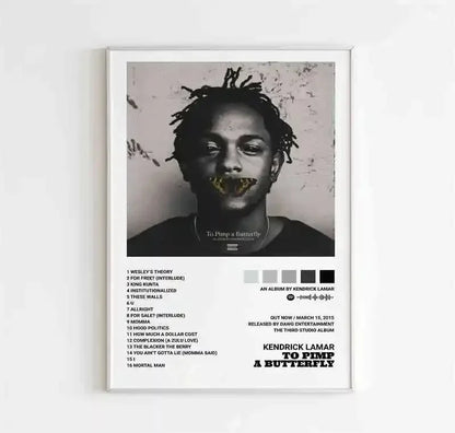 Black and white framed canvas wall art poster featuring kendrick lamar to pimp a butterfly album tracklist and color swatches