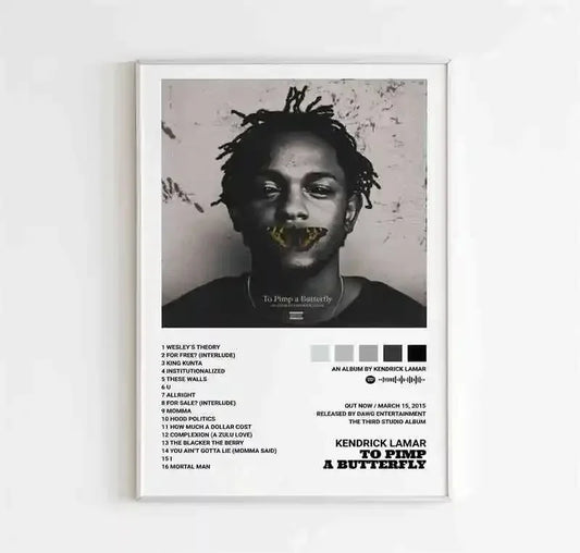 Black and white framed kendrick lamar album poster aesthetic with tracklist and color swatches for room decor