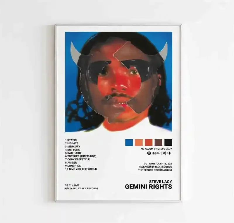 A framed canvas wall art poster featuring a stylized red and black Steve Lacy portrait for music room decor