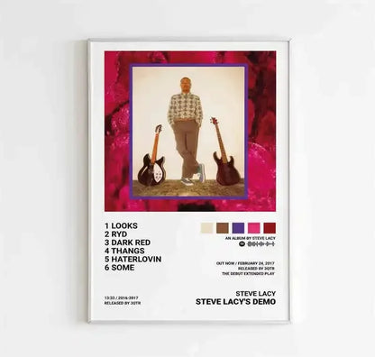 White-framed pop hip hop rapper music album poster with man in plaid shirt between electric guitars on pink canvas wall art
