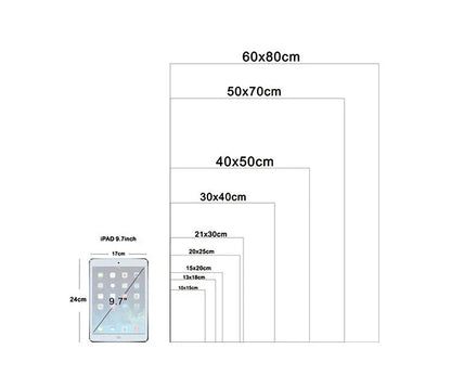 A silver 9.7 inch ipad displaying app icons shown with paper size dimensions alongside pop hip hop rapper music album poster canvas wall art