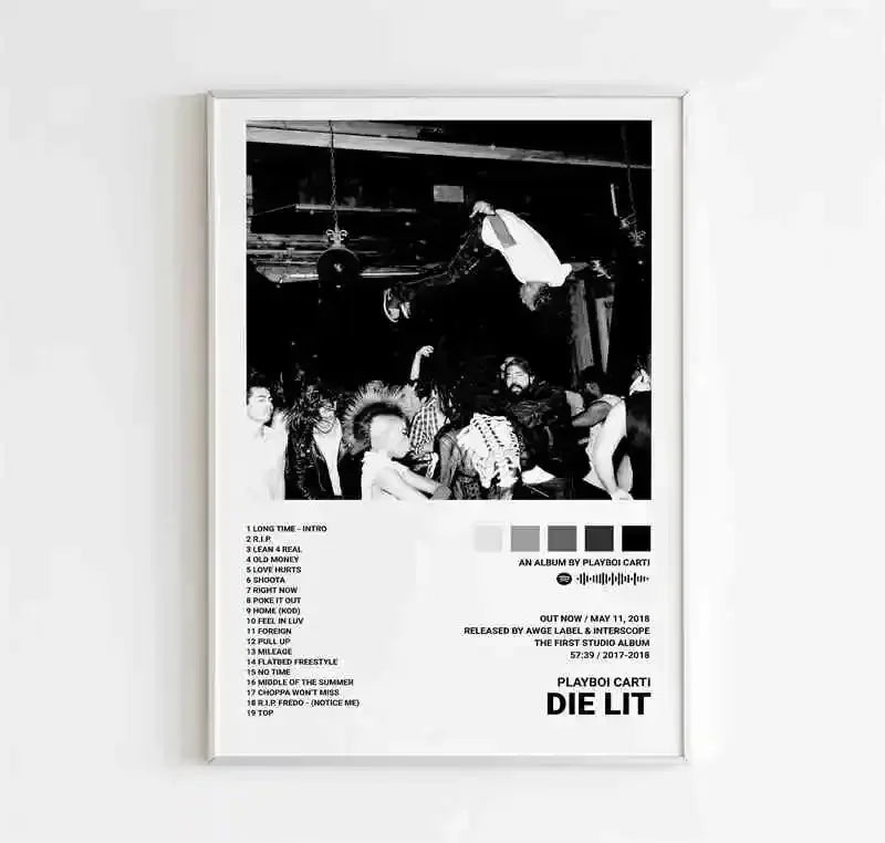 Black-and-white playboi carti canvas featuring a gritty street scene album poster aesthetic for wall decor