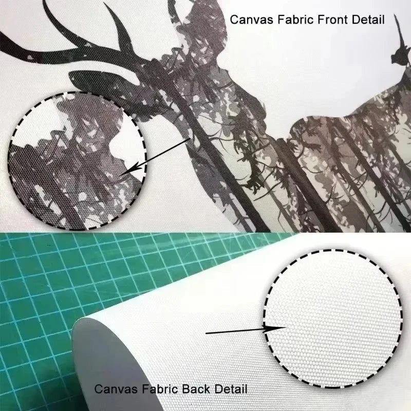 Canvas fabric wall art featuring a black and white silhouette of deer in a forest with textured weave front and back