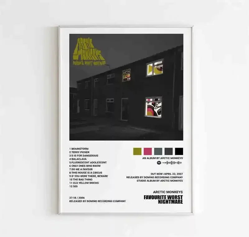 Framed arctic monkeys favourite worst nightmare album poster aesthetic with black and white image yellow text on canvas wall art