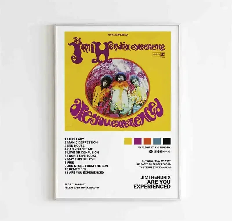 A framed canvas wall art featuring jimi hendrix album poster aesthetic with vibrant yellow and psychedelic purple colors