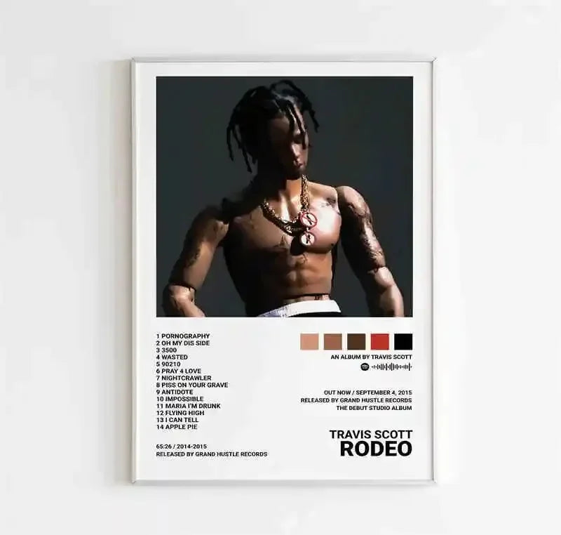 A framed travis scott rodeo album poster aesthetic featuring dark moody portrait for pop hip hop rap room decor