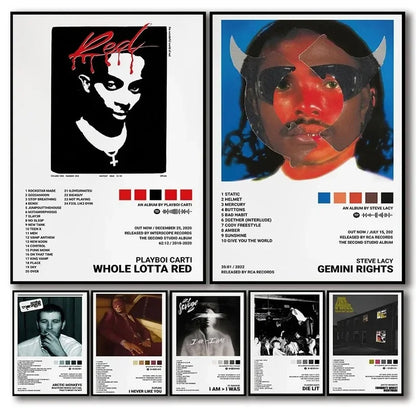 Set of seven bold stylized canvas album posters featuring pop hip hop artists including playboi carti and arctic monkeys