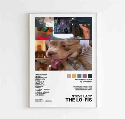 A framed canvas wall art poster with black and white typography listing tracks from Steve Lacy’s the Lo-Fis album